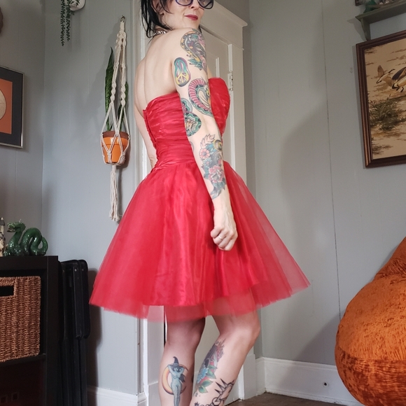 SOLD 80s Vintage Red Tulle Minidress Medium Sheer 1980s Prom Party Mini Dress - Picture 11 of 15